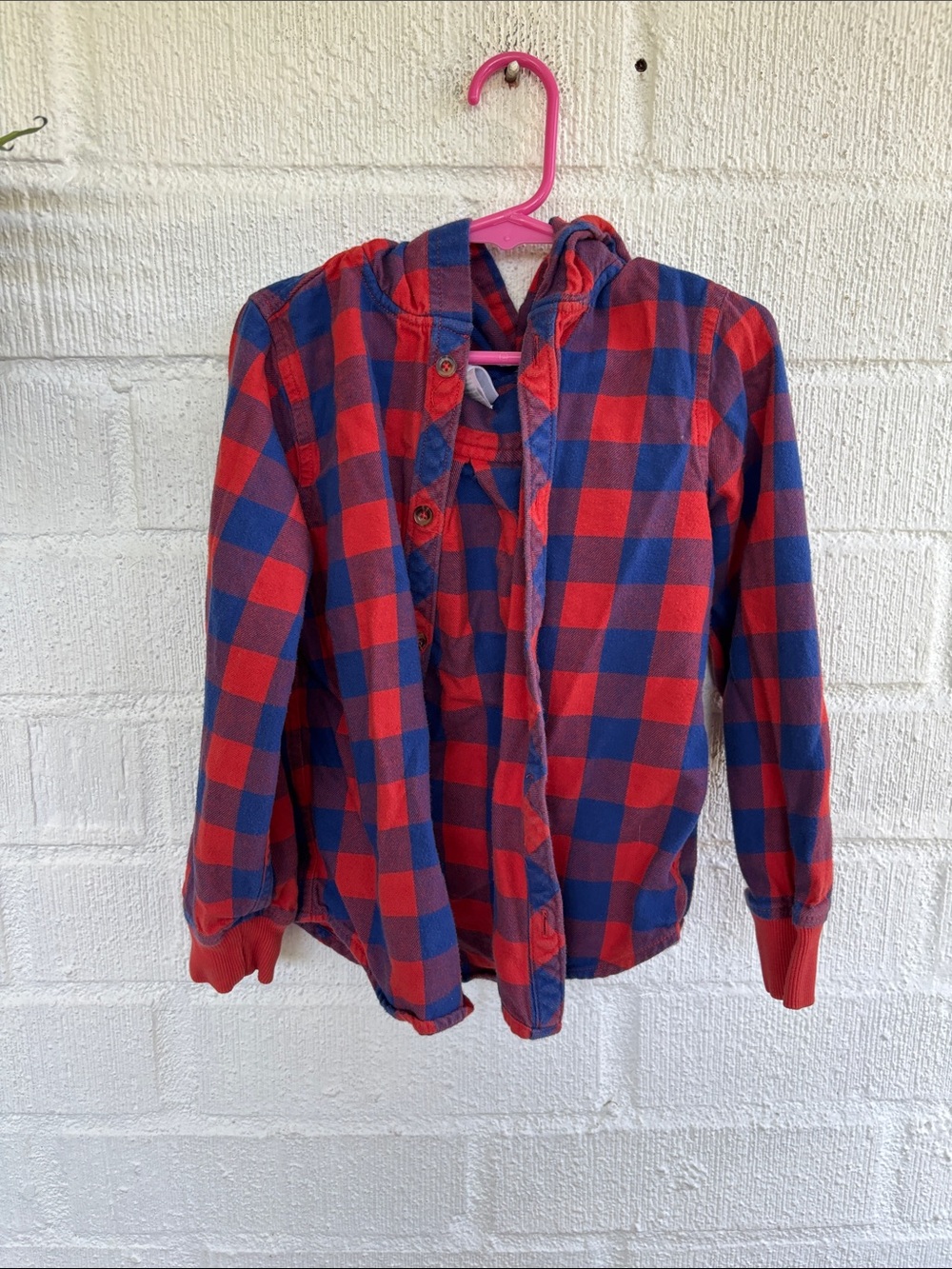 Hanna Andersson Plaid Red & Blue Hooded Button-Up Long Sleeve Shirt sz 5
